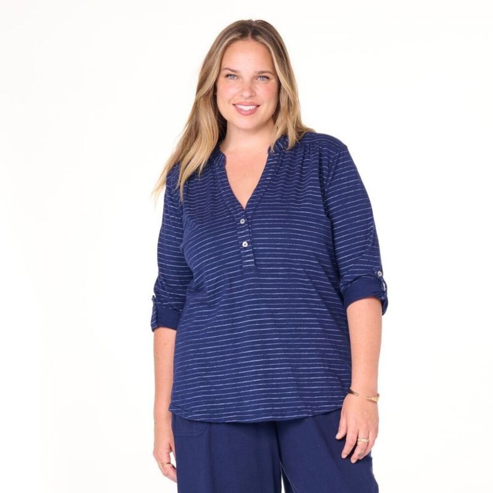 Fresh Produce Ocean Navy & White Striped Buttonside Henley 3/4 Sleeve 2X #700